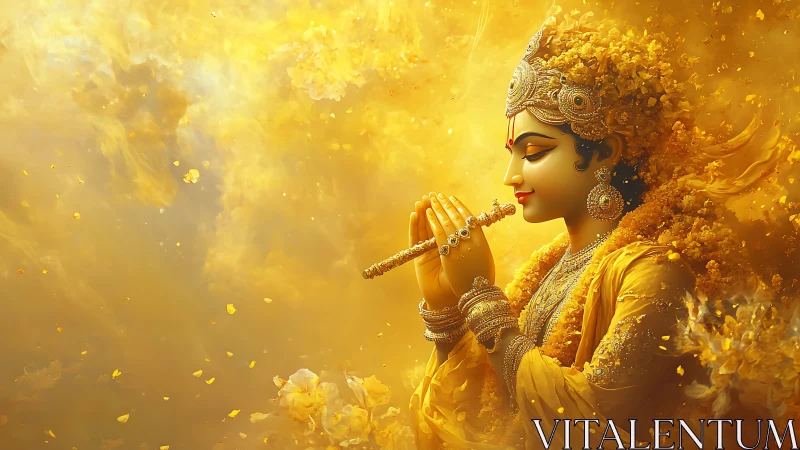 Golden divine figure playing flute in radiant yellow aura.