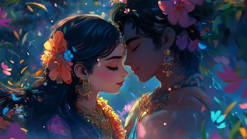 Two Women with Floral Ornaments in Luminous Fantasy Realm.