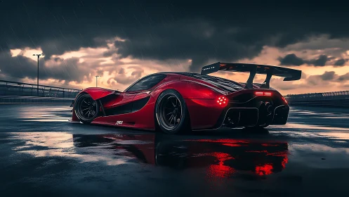 Red hypercar sits on wet racetrack under stormy evening sky