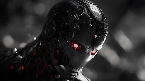 Metallic humanoid robot head glows with red illuminated eyes