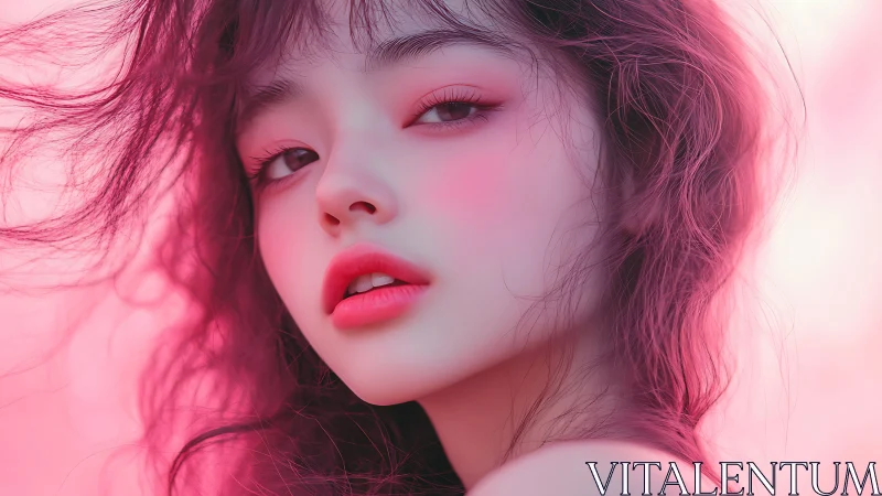 Soft neon daydream girl in windswept rose light haze.