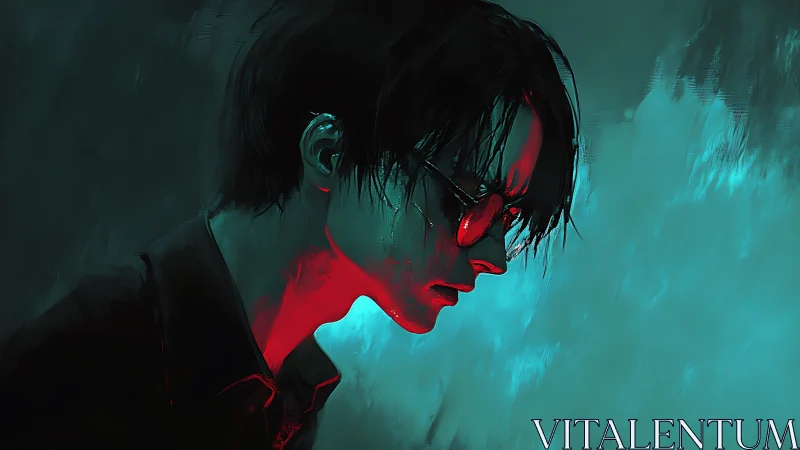 Brooding neon-lit loner bows his head in electric silence