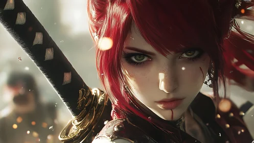 Scarred red-haired swordswoman locks intense warrior gaze