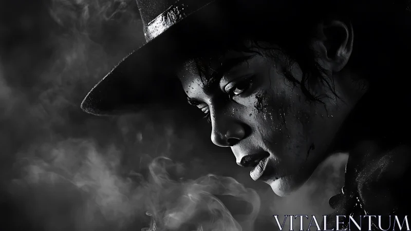 Side profile of a person in hat within dense monochrome smoke