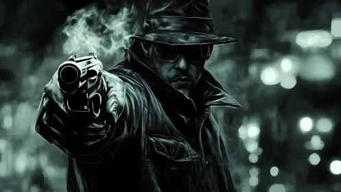 Noir gunman in trench coat confronts viewer at close range.