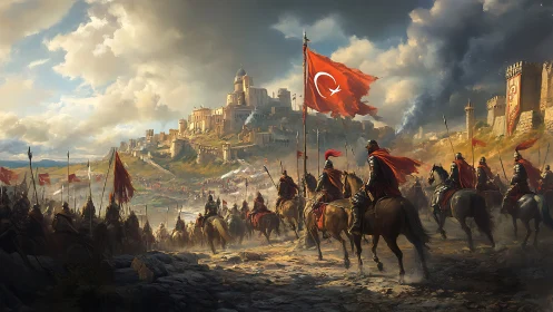 Digital painting of Ottoman cavalry siege under storm-lit sky.