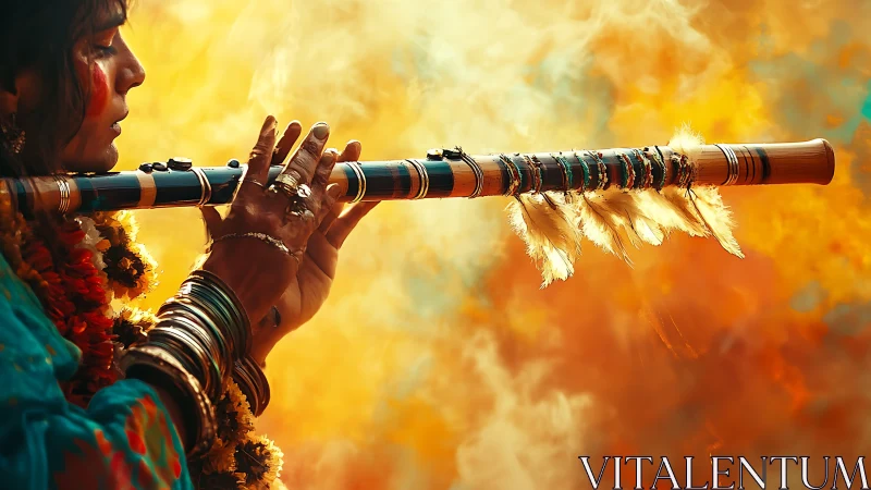 Woman playing decorated flute against vivid warm sky.