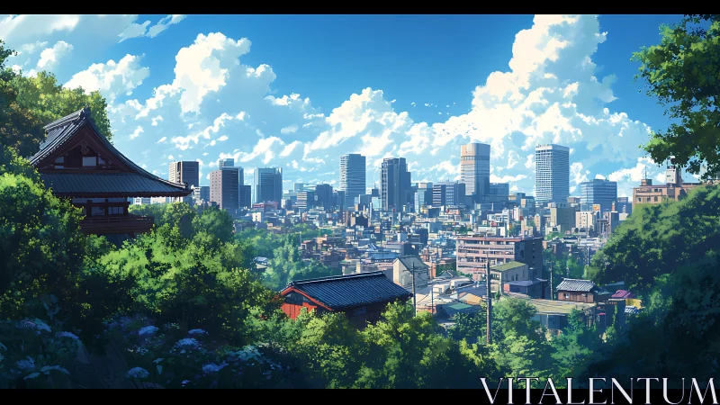 Hilltop shrine overlooks sunlit modern Japanese skyline.