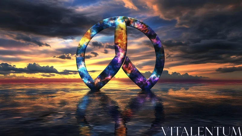 Peace symbol structure over reflective water at sunset.