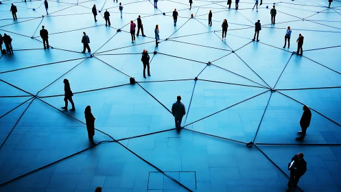 Networked silhouettes stand across a geometric blue plaza.