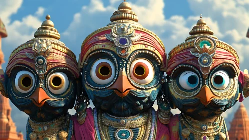 Joyful owl deities gaze ahead in ornate festival regalia