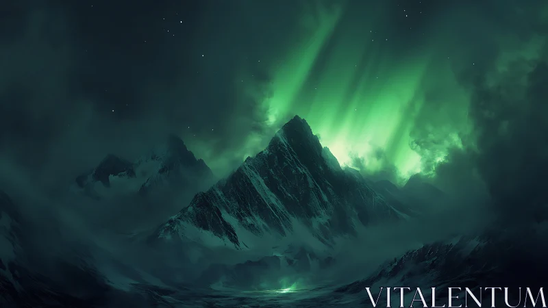 Emerald aurora drapes a silent mountain range in soft light