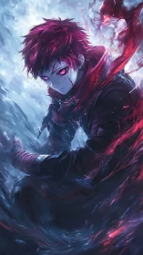 Male anime character sits within swirling red and blue energy