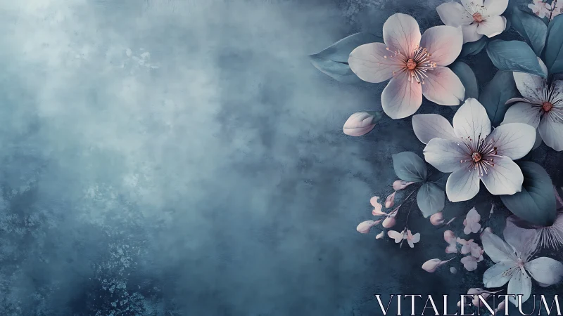 Delicate Floral Composition Against Moody Blue Textured Background.