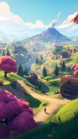 Gentle valley village welcomes a lone traveler at sunrise