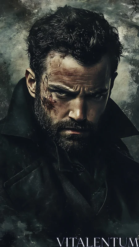 Brooding scarred man in dark coat amid stormy textured haze