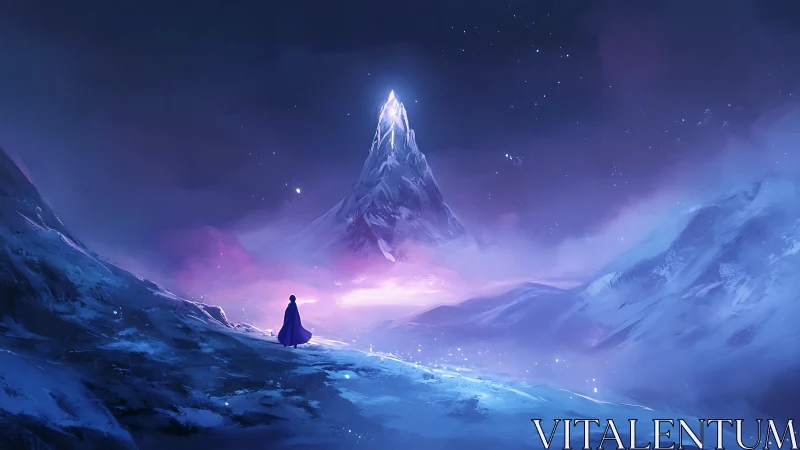 Solitary figure observing illuminated distant ice peak.