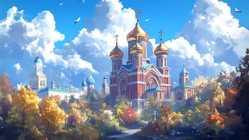 Russian-style cathedral with golden domes rises over autumn park