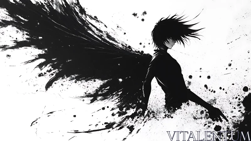 Silhouetted ink-winged figure dissolves into splatter motion