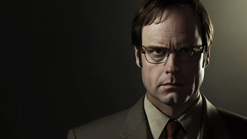 Stern man in glasses stares forward under dramatic lighting