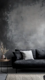 Modern dark gray sofa against textured concrete wall.