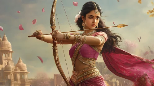 Warrior princess draws golden bow before ancient temple