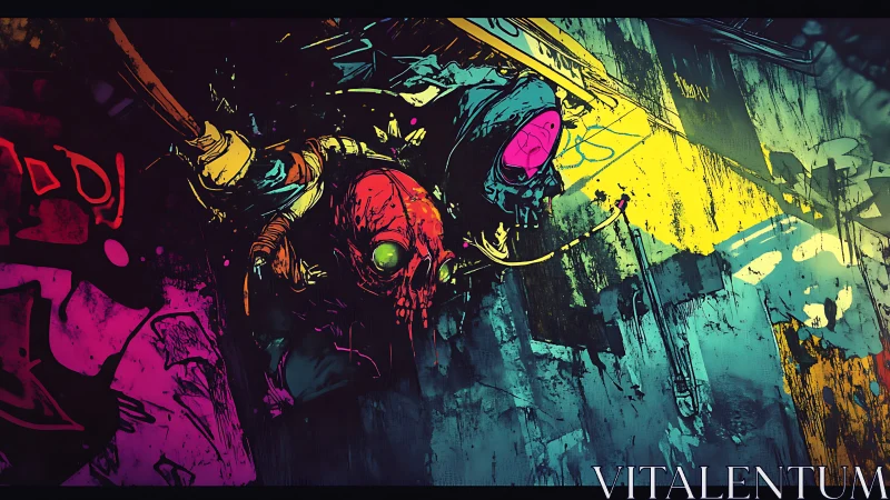 Urban wall mural depicts two masked figures in neon colors