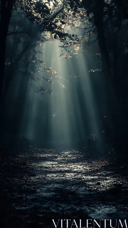 Sunlight Filtering Through Dark Forest Canopy.