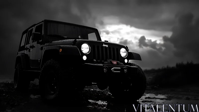 Wet off-road Jeep Wrangler in stormy high-contrast lighting.