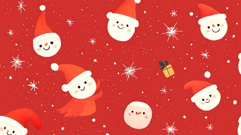 Smiling Santa snowball friends on a bright red Christmas sky.