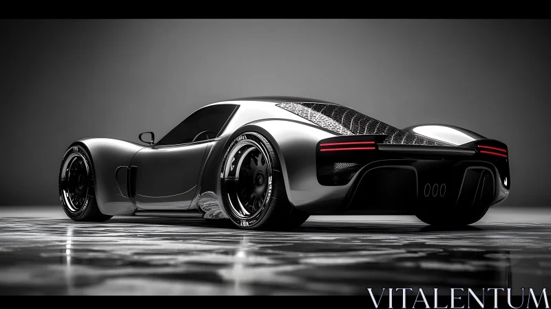 Low-angle render of silver mid-engine hypercar on wet studio floor