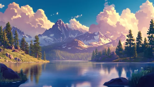 Sunlit alpine lake reflects distant snowcapped mountain range