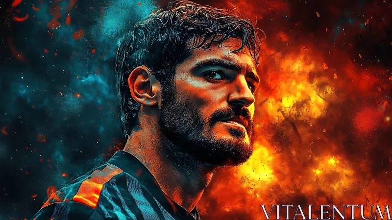 Fiery digital portrait contrasts cool teal and hot ember light.