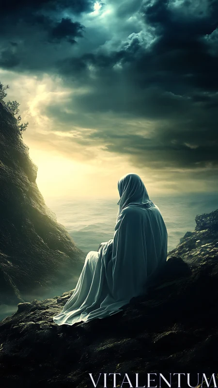 Hooded solitary figure on storm-carved cliff facing luminous horizon.
