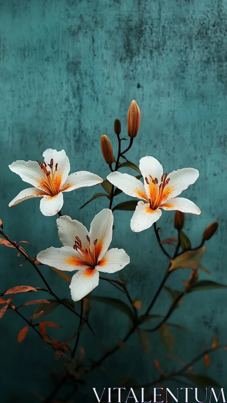 White lilies with orange centers against weathered turquoise wall.