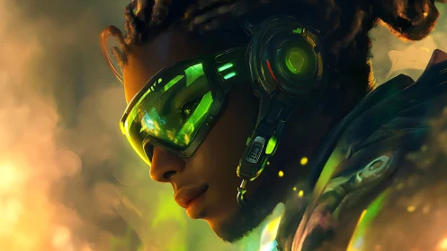 Futuristic profile portrait with neon visor and headset.