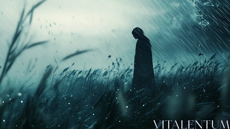 Solitary cloaked figure walks through rain-soaked field