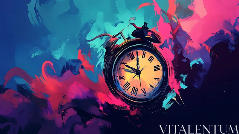Surreal alarm clock floats in swirling neon paint clouds.
