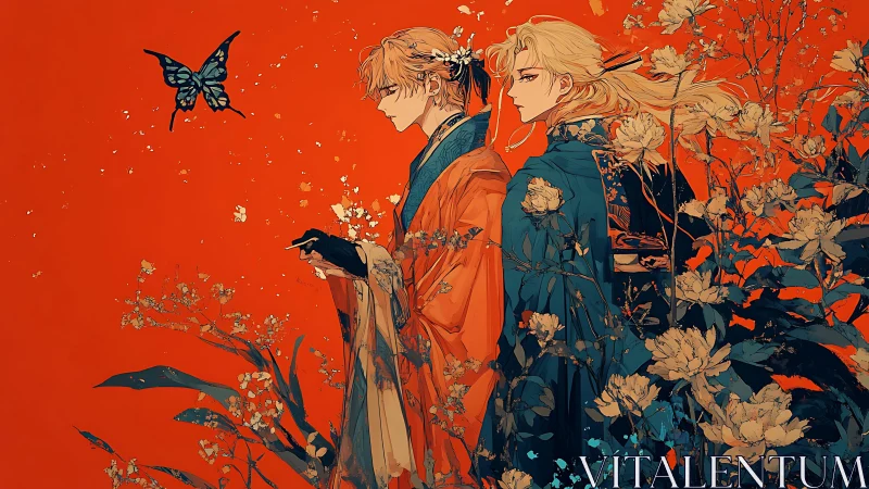 Two robed figures with flora and butterfly on red ground.