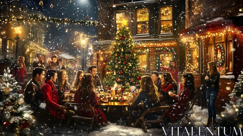 Christmas street dinner glows under festive winter lights.