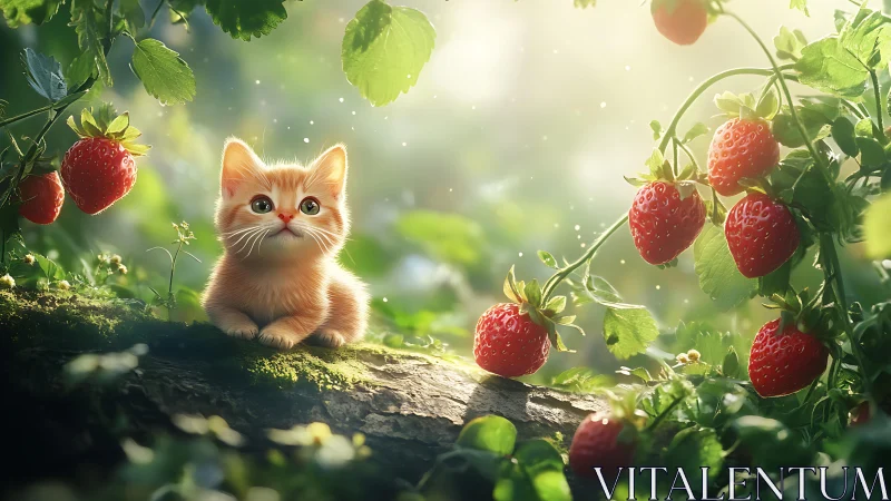 Ginger Kitten Seated on Moss-Covered Log Surrounded by Ripe Raspberry Fruits
