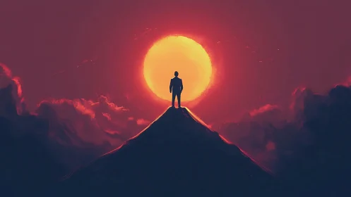 Silhouette on summit framed by vast crimson solar disc.