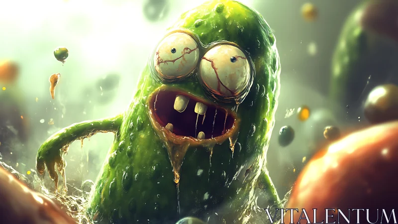 Mutant pickle monster lunges through brine with manic glare.