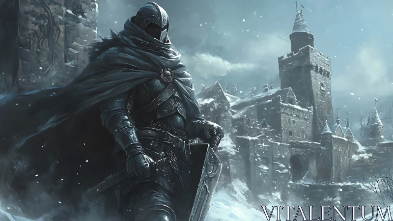 Black-armored sentinel before storm-lashed frozen fortress.