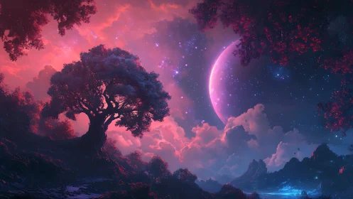 Luminescent crescent over chromatic fantasy arboreal vista.