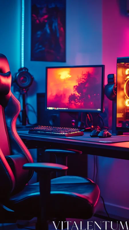 Cozy neon gaming desk glowing with relaxing sci fi vibes.