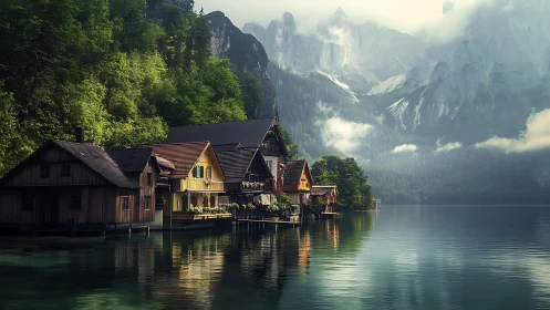 Lakeside cottages resting beneath misty emerald mountains.
