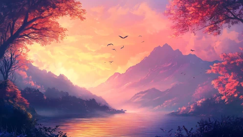 Radiant mountain sunset over tranquil autumn lake vista.