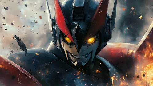 Battle-scarred mech warrior glares through blazing chaos.