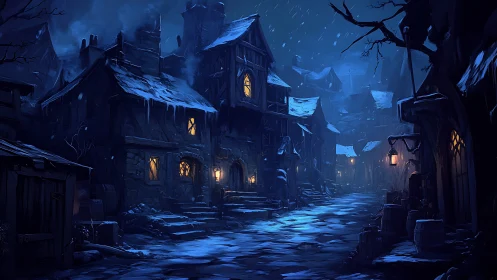 Midnight snowstorm over lantern-lit medieval alleyway dreams.